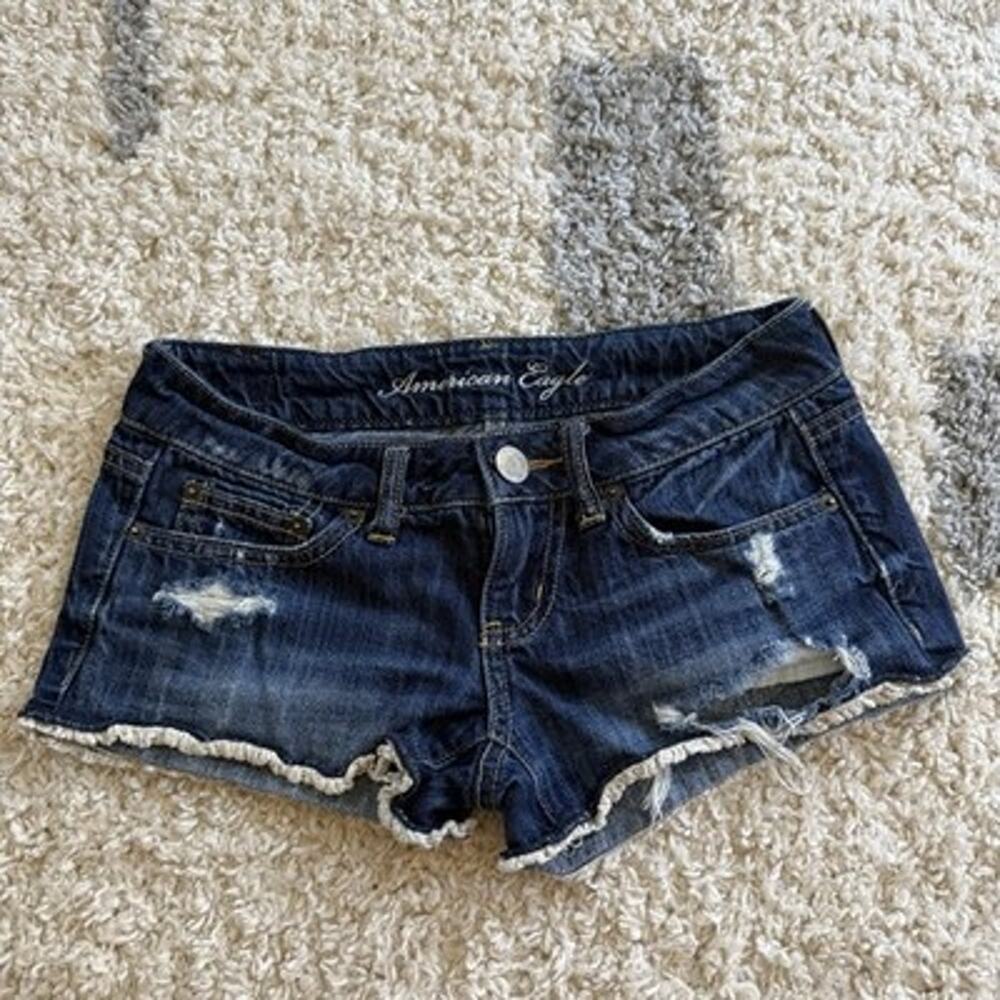 Y2K American Eagle Micro Mini Shorts Women 0 Blue Denim Low Rise Crochet Pocket